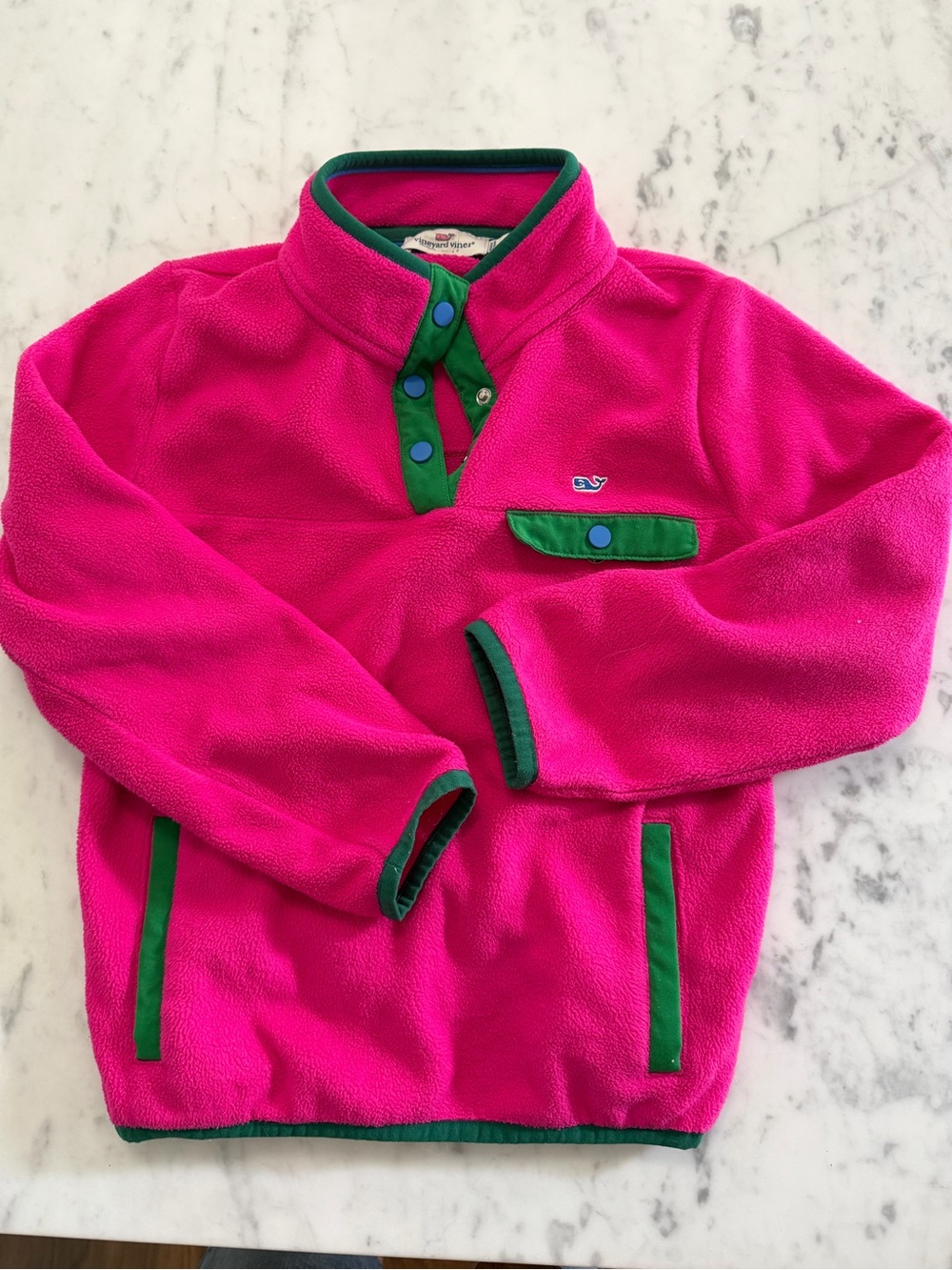 Vineyard Vines Bright Pink Fleece Pullover with Green Trim
